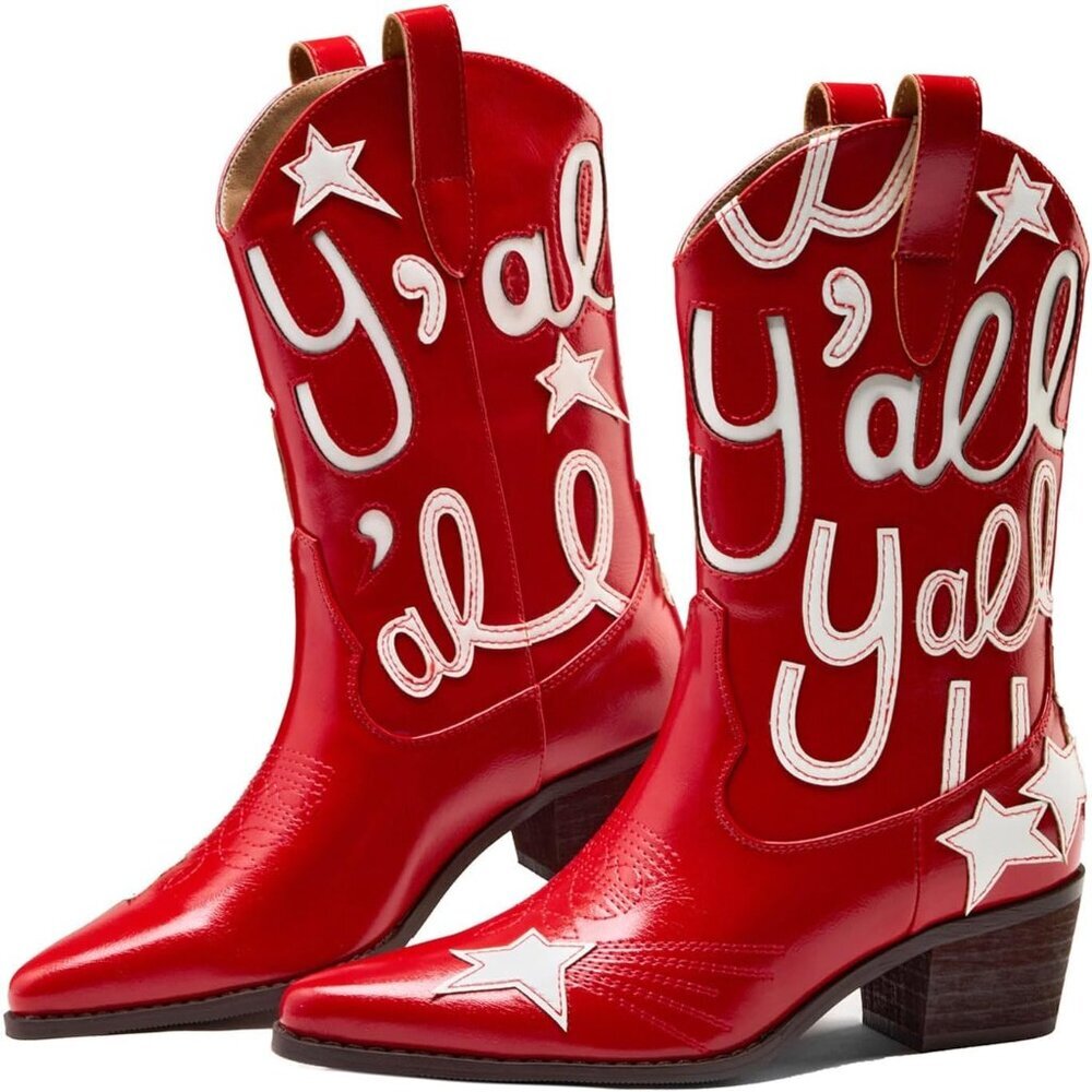 ⚡Women's Red Embroidered Mid Calf Cowgirl Boot Western Pointed Toe Chunky Heel